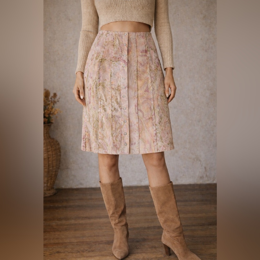 Vintage Beth Bowley Paisley Velvet Skirt | Size 2 | Button Front | Lined